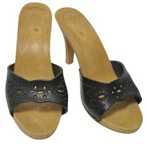 1970s Candies Style Faux Wood Heels Black Leather Vintage Pumps US 5 EUR 36